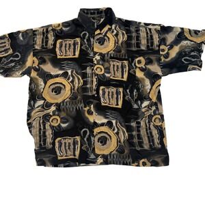 Monzini Collection Mens 2X Abstract Geometric Floral Button Down Shirt Black Tan